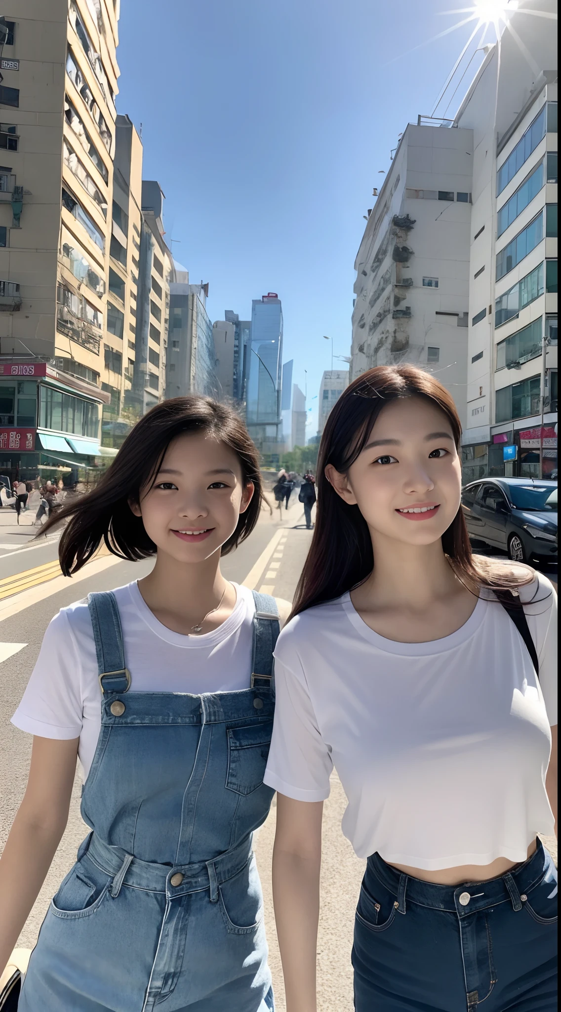 Two girls: A 16-year-old girl walks in front of a zebra crossing at a traffic light on a Hong Kong street，Extreme light and shadow，Aurora chase，Extremely strong reflected light，Extreme shadows，Town，blue-sky，warm sunlight，enjoying life，Healing pictures，（Smile 0.8）（Upper body close-up 1.2）（Great view 1.2）（Clean background 1.2）（Delicate facial features1.3）（Perfect body 1.1）（Flat chest 1.1）（Global illumination 1.2）（Surreal scenario 1.3）（Wear denim suspenders 1.2）（Double ponytail 1.3）（Playful cute shape 1.3），rendering by octane，CGSociety trends，Super sharp，highly intricate detail，realistic raytraicing，（（hyper realistic detailed））（Ultra-delicate eye structure 1.3）（There is reflected light in the eye1.3）（Body tilt 1.2）Analog cameras（Realistic portrait 1.3）（Bust close-up 1.3）（Young and energetic1.3）（Playful 1.3）