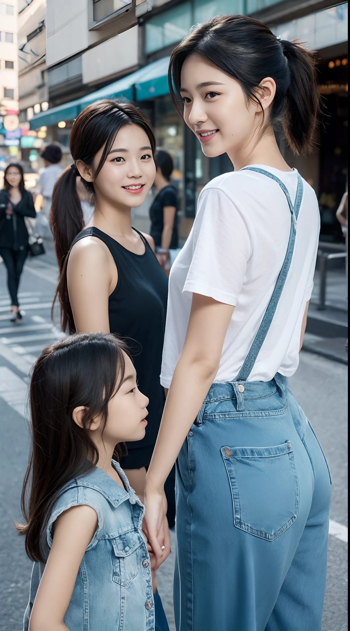 Two girls: A -yeld giwalks in front of a zebra crossing at a traffic light on a Hong Kong street，Extreme light and shadow，Aurora chase，Extremely strong reflected light，Extreme shadows，Town，blue-sky，warm sunlight，enjoying life，Healing pictures，（Smile 0.8）（Upper body close-up 1.2）（Great view 1.2）（Clean background 1.2）（Delicate facial features1.3）（Perfect body 1.1）（Flat chest 1.1）（Global illumination 1.2）（Surreal scenario 1.3）（Wear denim suspenders 1.2）（Double ponytail 1.3）（Playful cute shape 1.3），rendering by octane，CGSociety trends，Super sharp，highly intricate detail，realistic raytraicing，（（hyper realistic detailed））（Ultra-delicate eye structure 1.3）（There is reflected light in the eye1.3）（Body tilt 1.2）Analog cameras（Realistic portrait 1.3）（Bust close-up 1.3）（Young and energetic1.3）（Playful 1.3）