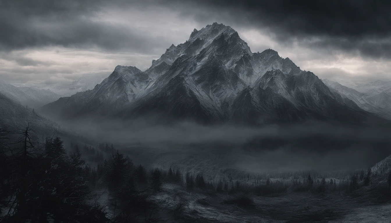 snow mountains,Rolling peaks,Oyuki,Cloudy at the foot of the mountain,Thick clouds,the setting sun,The light is depicted in detail,oc rendered,high qulity,tmasterpiece,Hyper-realistic,Ultra photo realsisim,8K,super-fine,ultra - detailed,Ultra-wide angle of view,dynamic viewing angle
