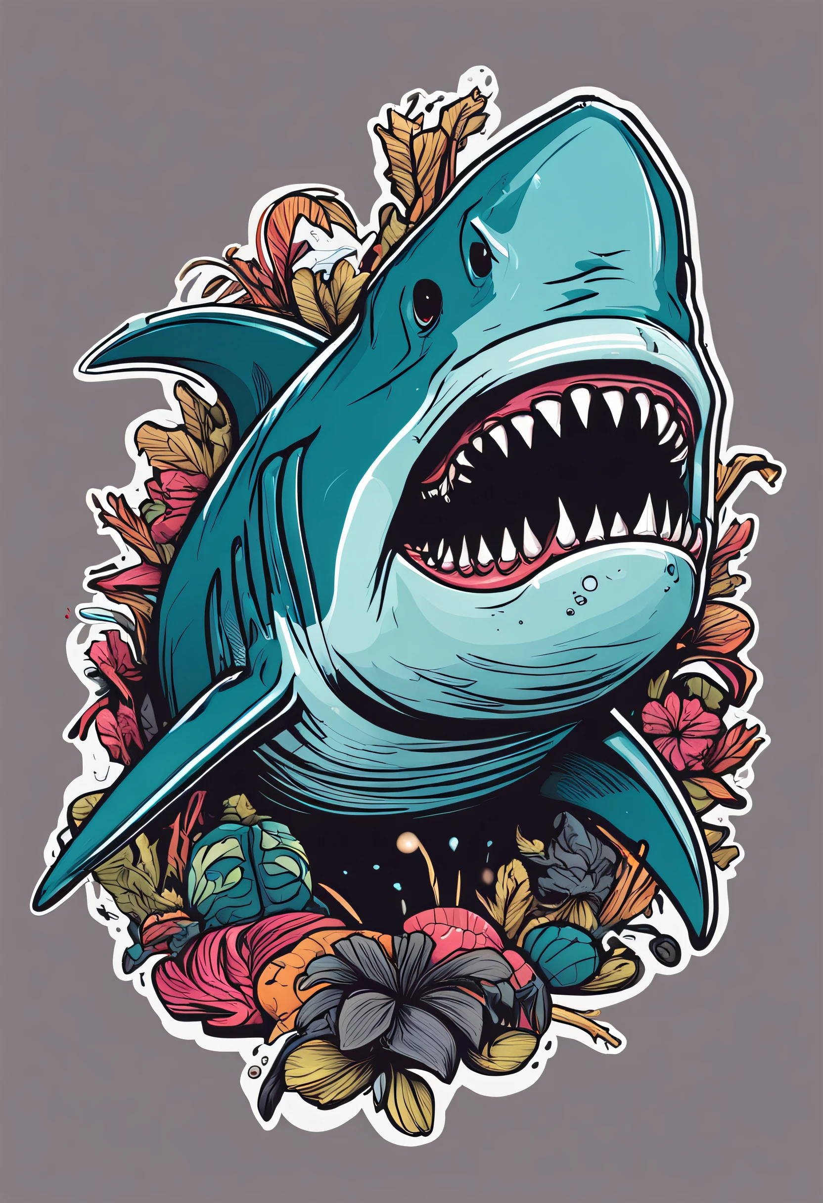 /imagine prompt: shark illustration for a sticker with a black background, in bold outline style, jagged edges, trashcore, light shading --v 5.2