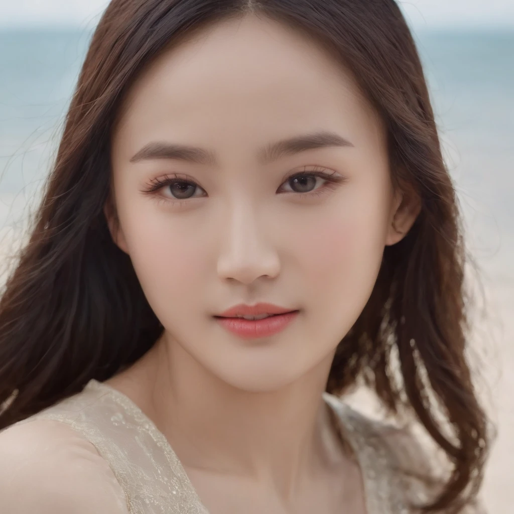 Xu Qing's dimples，Yang Mi's eyes，Sweet girl，Stroll along the beach，Asian girl