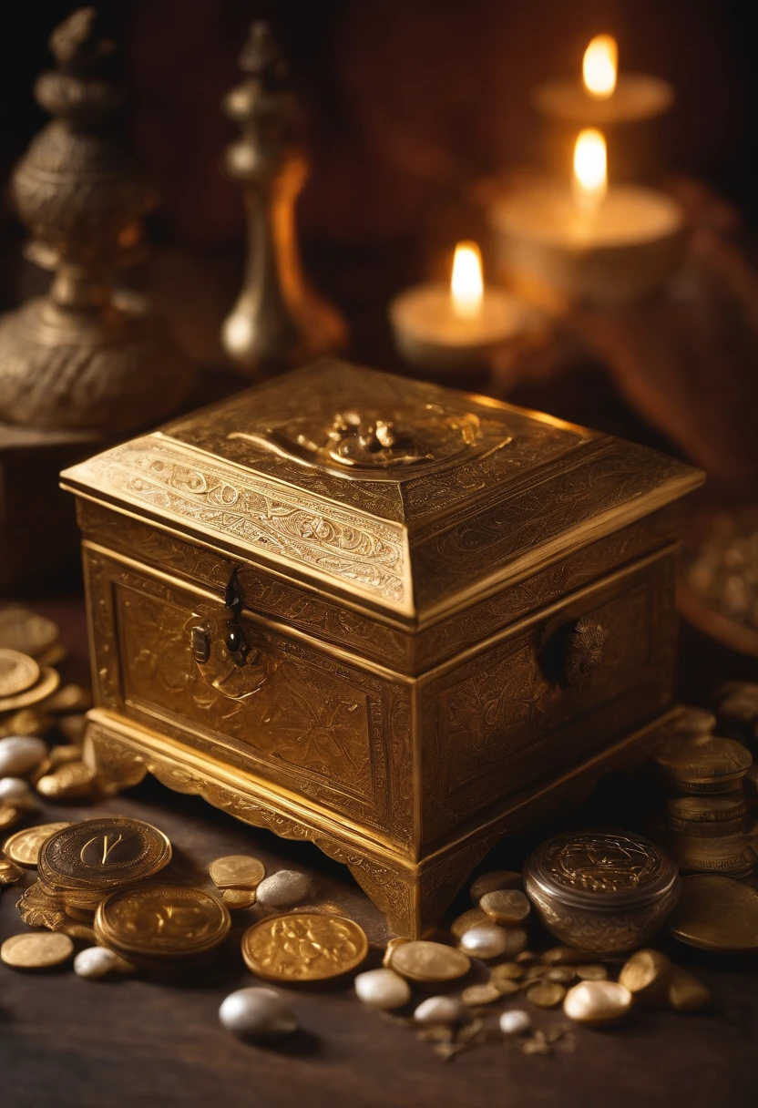 Open chest filled with jewelry and gold coins. Photorealistic style. 8k