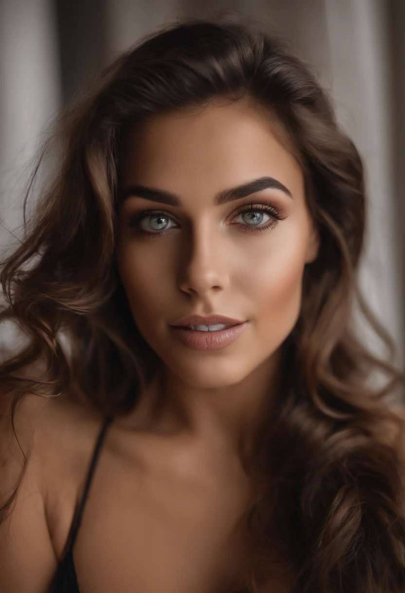 Arafed woman with matching tank top and panties, fille sexy aux yeux bruns, Portrait of a Random Girl, cheveux bruns et grands yeux, selfie of a young woman, Yeux de chambre, Violet Myers, sans maquillage, maquillage naturel, looking straight at camera, Visage avec Artgram, Maquillage subtil, Superbe photo du corps entier, dans la chambre, clivage