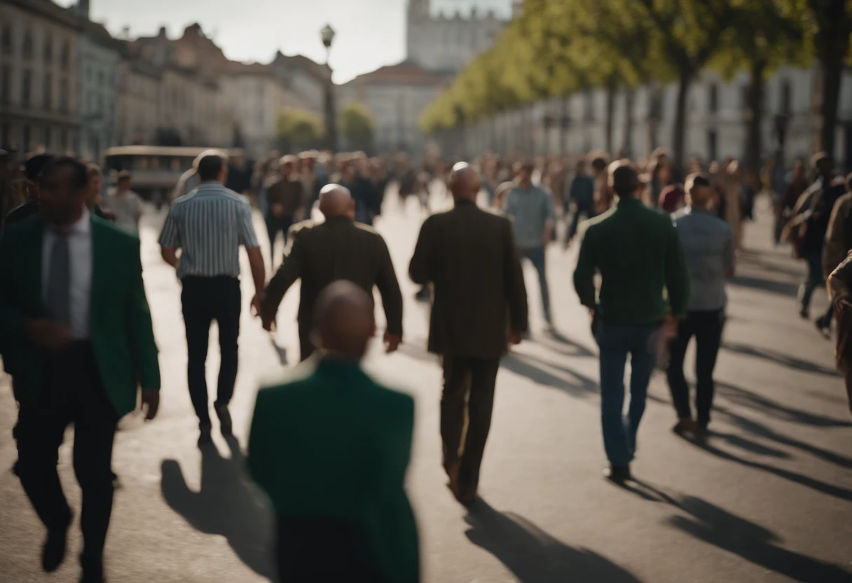 Desenhe uma cena em um local urbano ao ar livre, onde um homem magro e careca, veste uma camisa verde escura, the shirt is short sleeve style, is in the center of the image. The man is bald, The Thin Man Stands Still, as a crowd of people gathers around him. As pessoas em movimento, creating a blur of activity around the thin man. people very close to each other, Filling the open space in the city. The scene should be represented at an angle that highlights the thin man in the crowd and the urban atmosphere around him. The scene is done in half a shot, The man is facing, the people who are around are out of focus with blur showing that they are walking fast