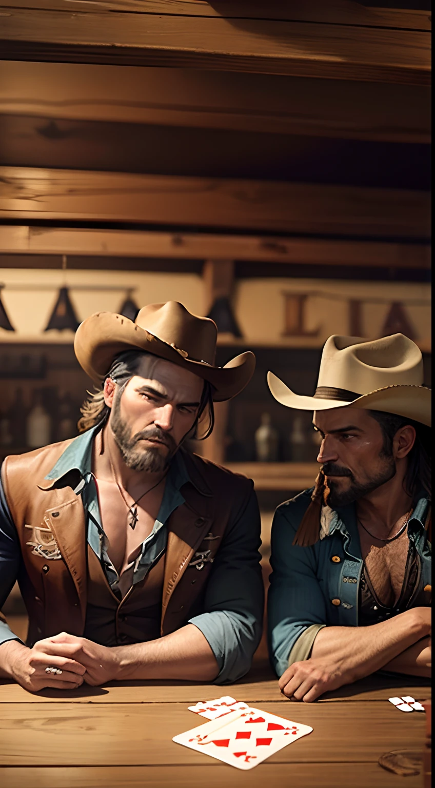 Generate a 9:16 image that humorously depicts dogs dressed as cowboys playing poker in a saloon, with vintage colors and a nod to Hollywood's Wild West portrayal.