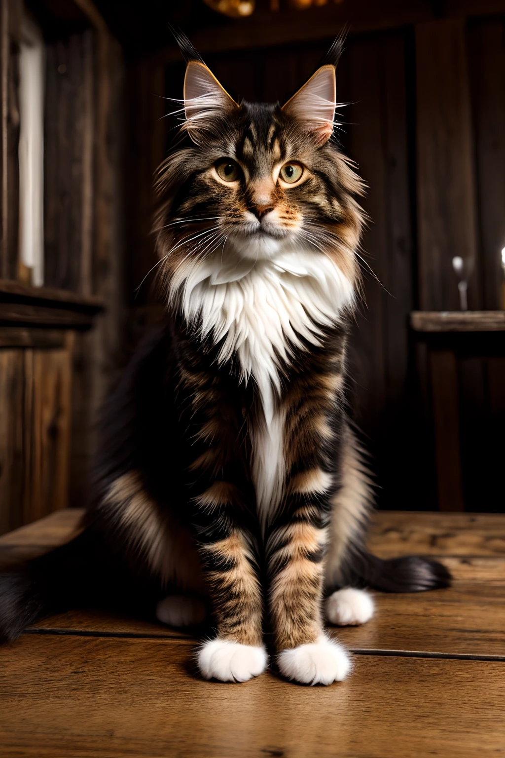 modelshoot style, 8k, portrait of a cute maine coon cat sitting on a wooden table in a medieval tavern, detailed fur, trending on ArtStation, trending on CGSociety, Intricate, High Detail, Sharp focus, dramatic lighting, digital painting, digital art, by artgerm, by Liang Xing, by WLOP