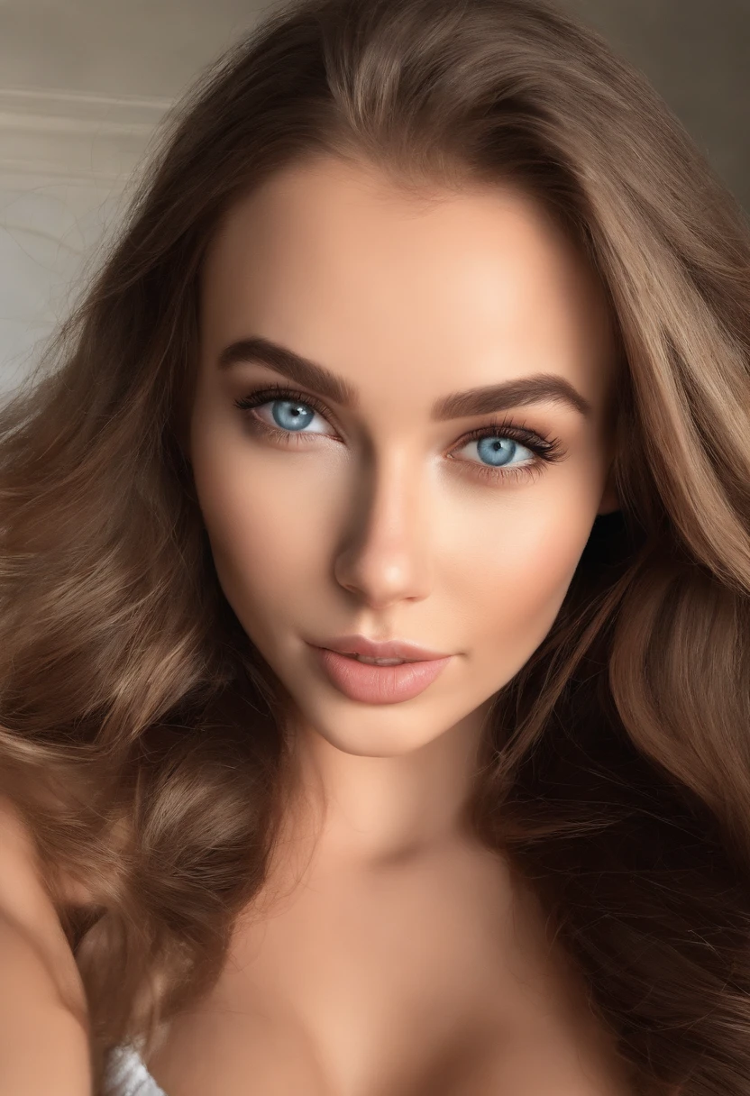 arafed woman fully , sexy girl with blue eyes, ultra realistic, meticulously detailed, portrait sophie mudd, blonde hair and large eyes, selfie of a young woman, bedroom eyes, violet myers, without makeup, natural makeup, looking directly at the camera, face with artgram, subtle makeup, stunning full body shot kneeling on bed, in bedroom, medium to large size bust, sports bra and leggins