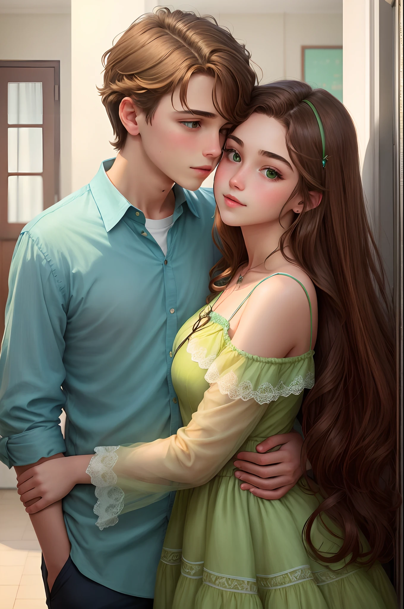 Young man shoulder-length brown hair green eyes kissing age girl in azure dress