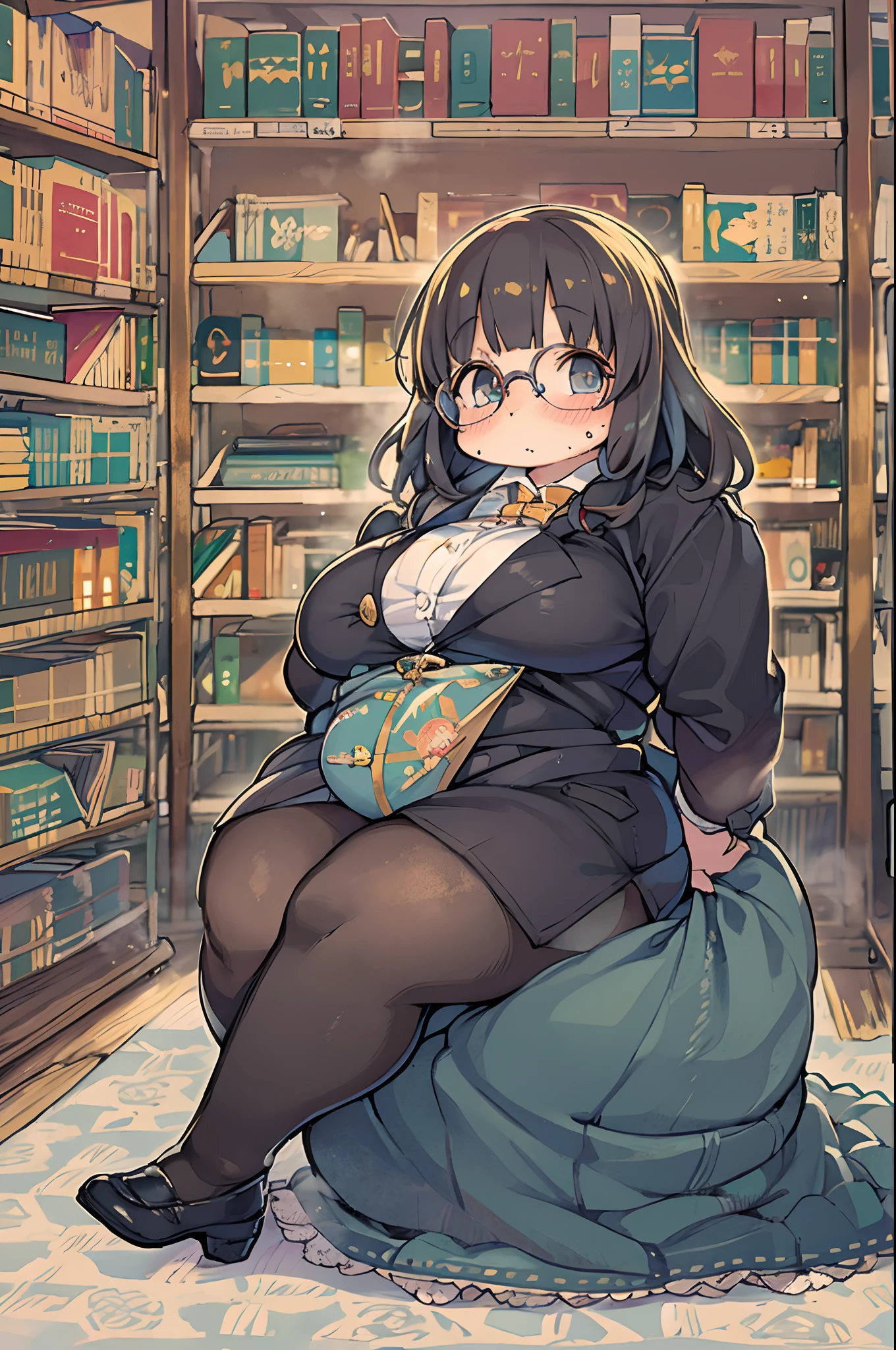 Huge library、1 librarian、One Woman、small round glasses、huge-breasted、(((((bbw))))),(((chubby)))