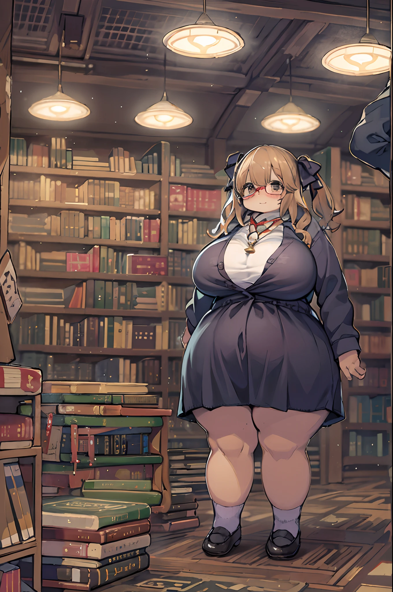 mature, blonde hair, side braid, green eyes, glasses, frilled shirt, bowtie, collared shirt, library, microskirt, bare shoulders, cold shoulder top, black stockings, garter belt, bare arms, mature, large breasts, large hips, narrow waist, large thighs, librarian