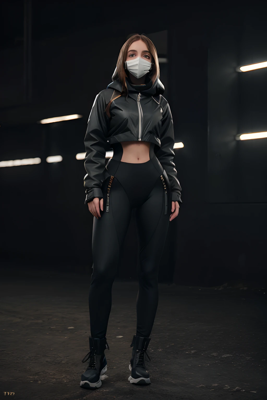 (8k, ARTISTIC photography, best quality, masterpiece: 1.2) 1girll, ( Maya Hawke ), helmet, Hood, Solo, Spacesuit, Extra-long_Hair, bangs, Jacket, The upper part of the body_Body, White_Hair, bag, Blurry, Coat, Grey_Eyes, Mask, Blurry_Background, Backpack, zippers, Mouth_Mask, Covered_Mouth, Urban tech clothing, Outfit (GORE-TEX), techwear,lowerbody,Fair long legs,Unequal cyber leggings,with light glowing,zippers,Mechanical booties,Full body shot from head to toe。