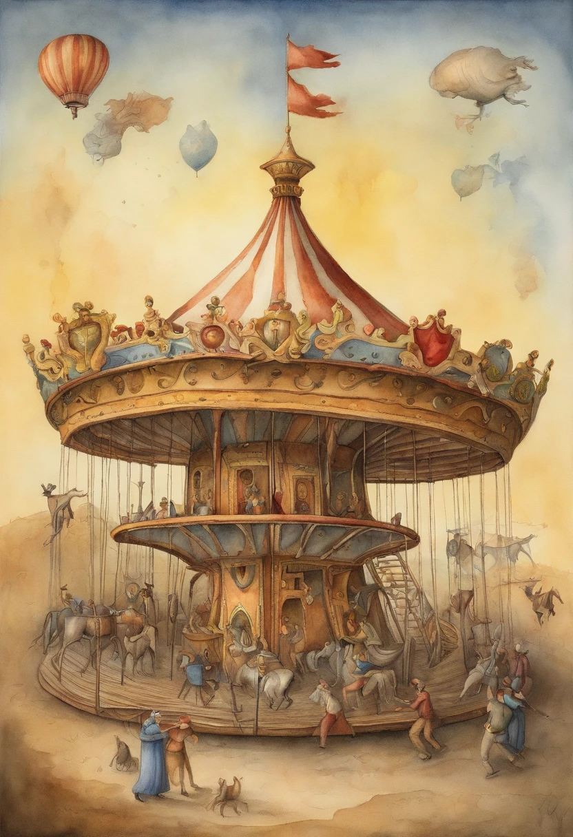Illustrate a merry-go-round where people futilely chase after climate solutions while the planet burns in the background, highlighting the urgency of addressing environmental issues,      In the syle of pawel kuczynski
