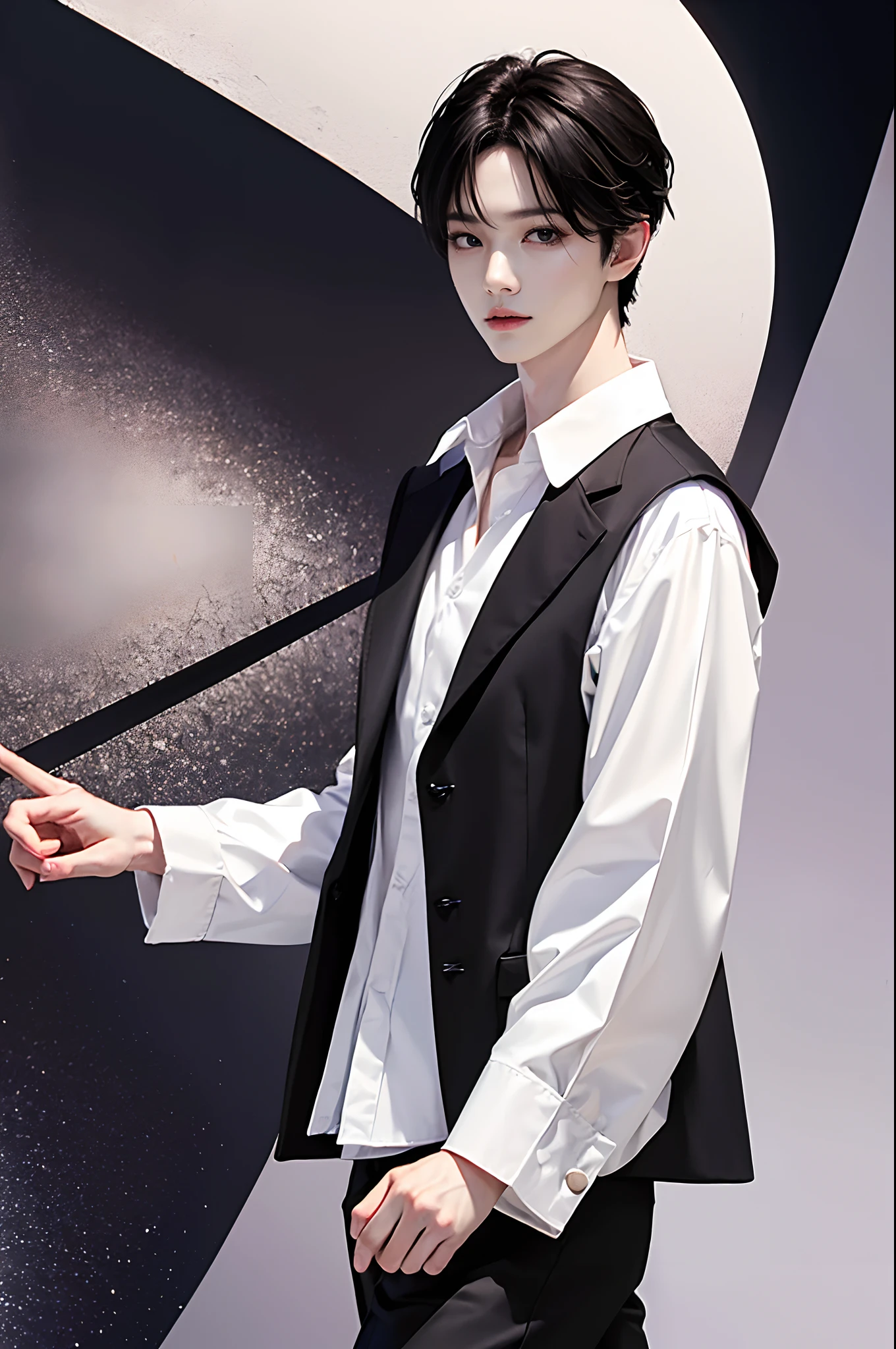 ​masterpiece、（top-quality)、((high-level image quality))、One Manly Boy、Slim body、((White Y-shirt and long black pants))、(Detailed beautiful eyes)、Walking together on the road at night、Face similar to Chaewon in Ruseraphim、((Smaller face))、((Neutral face))、((Korean boy))、((18year old))、((Handsome man))、((Wild look))、((Korean Makeup))、((elongated and sharp eyes))、((Walk in front of the viewer))、((Shooting from the side at close range))、((Nijisanji no Kuzuha cosplay))