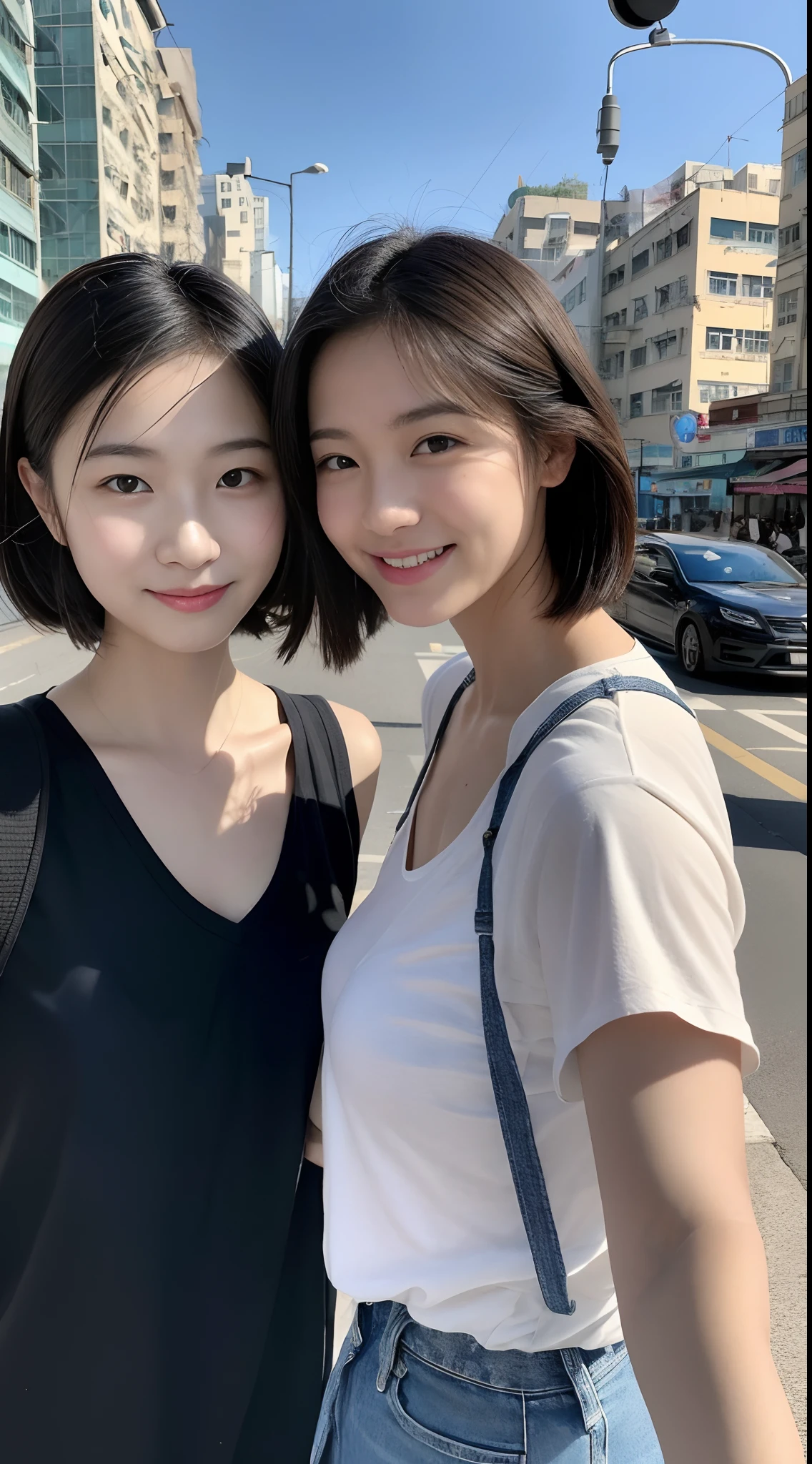 Two girls: A -yeld giwalks in front of a zebra crossing at a traffic light on a Hong Kong street,Extreme light and shadow,Aurora chase,Extremely strong reflected light,Extreme shadows,blue-sky,The sun shines on the face,enjoying life,Healing pictures,(Smile 0.8)(Upper body close-up 1.2)(Great view 1.2)(Clean background 1.2)(Delicate facial features1.3)(Perfect body 1.1)(Flat chest 1.1)(Global illumination 1.2)(Surreal scenario 1.3)(Wear denim suspenders 1.2),rendering by octane,CGSociety trends,(Ultra-delicate eye structure 1.3)(There is reflected light in the eye1.3)(Bust close-up 1.3)(Young and energetic1.3)(Playful 1.3)