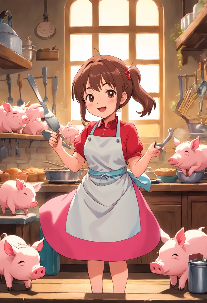 A big-breasted girl（Wear an apron）Singing，There are a lot of piglets around（in pink）piglets unicorns ( cute little piglets unicorn) piglets with unicorn Horne, cute