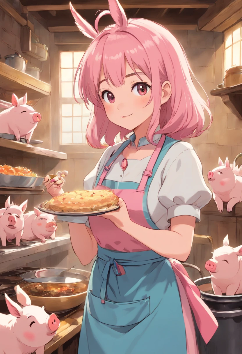 A big-breasted girl(Wear an apron)Singing,There are a lot of piglets around(in pink)piglets unicorns ( cute little piglets unicorn) piglets with unicorn Horne, cute
