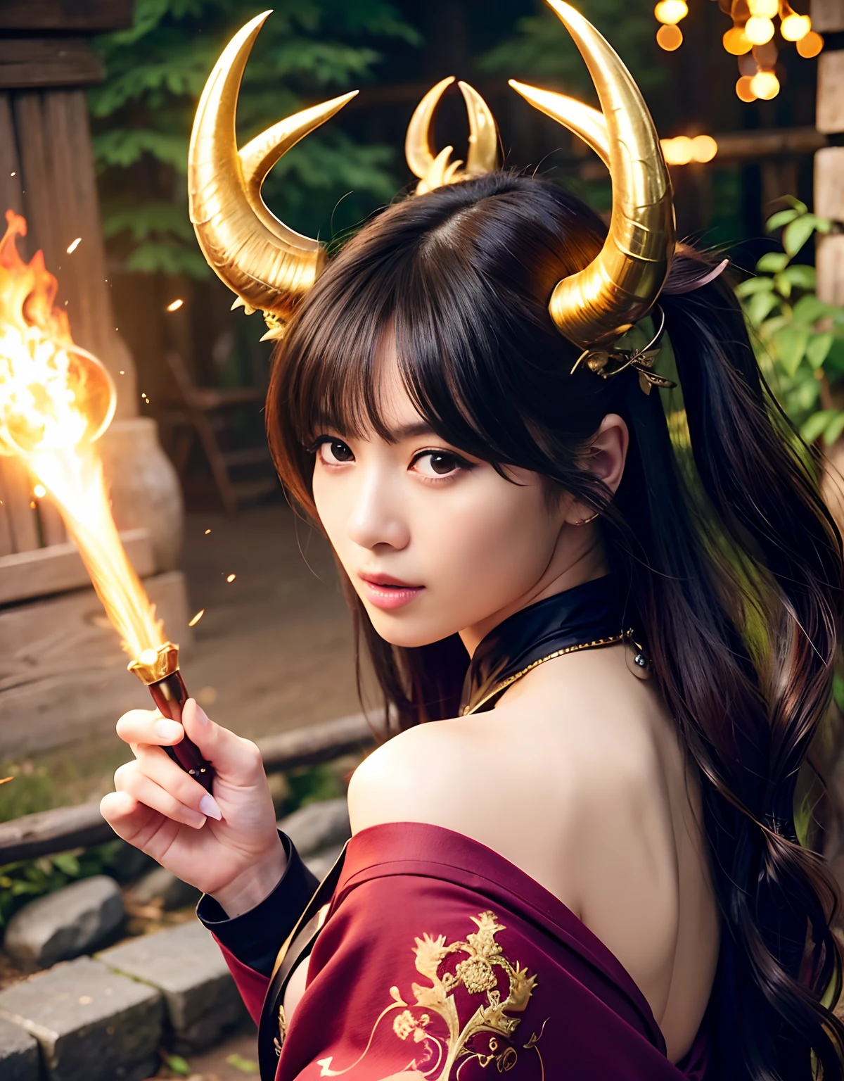 ((World of Darkness)),Professional , ​masterpiece、top-quality、photos realistic , depth of fields 、（sexypose）、(Black maple on the background of full bloom),（Ultimate Beauty）、A dark-haired、（shrine background)、（Kimono with beautiful pattern）、（Night background）、Beautiful hair ornament on the head、（（Precipitous cliffs））,(Wear a beautiful kimono),（Wear a beautiful kimono with colorful floral patterns）、（Japan Castle Background）、Jewel Gold Weapon、Particles of light),(Wearing a wizard's hat）、Gorgeous gold weapons ,Castle background、（（ Gorgeous Dragon Sword）） , （a dark night）,,（maikurobikini） 、（（Black Haired Beautiful Girl））、（Castle background）、（demonic wings）、（（Gangle's forest background））、Beautiful Caucasian beauty、１a person、dynamic ungle,(((Two devil's horns on the head)))、Smaller head、Idle Smile、Thin and beautiful female hands、Mystical expression、Light Effects、intense fighting、Wind-effect、magic circles、With the legendary magic wand、Dragon's tail、