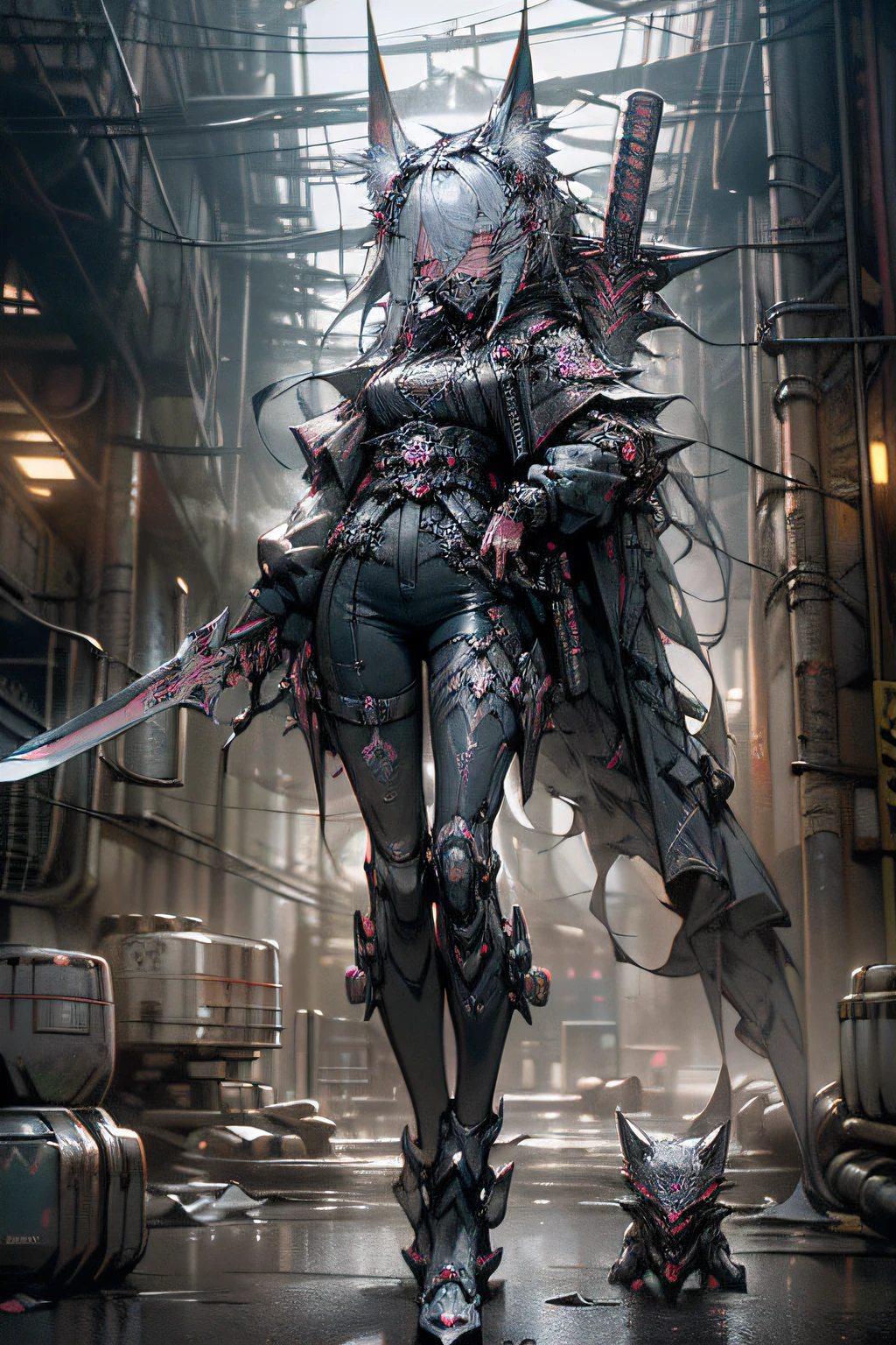 Hiriyar Rovaranger works for SF Mega Corporation, elite corporate enforcer patrolling the streets, wearing detailed multi color robes cape, corporate offices,cyberpunk scene, busy street, Neon light, Red plastic clothes(tmasterpiece、top-quality、top-quality、offcial art、aestheticly pleasing:1.2)、、The is very detailed、(Fractal art:1.3)、Extremely colorful、The best details of a futuristic city, Cyberpunk, violence, Decadence, Future Society, Marine art robots (((Best quality))), ((masutepiece)) full bodyesbian, femme fetal, Cyborg assassin, (((With countless swords))) Futuristic mask with black gloss, Dark gray metal body armor, wear ((Traditional black kimono, Neo-futuristic visual aesthetics, ((Perfect robot eyes)) ((Perfect symmetry)), Perfect face, Perfect body, Detailed white ink body art, dark palette, Black neon prompt, New Black Japanese, Colorful tag graffiti on metal body frame and helmet, Dark New Dark Web, The composition is dark & Retro 80s retro future & Visual aesthetics of synthetic waves, Sci-fi horror, Dark sci-fi horror colors, Dark apocalyptic architecture Dark ominous clouds, dystopian atmosphere, Dash's (Black pulp surrealism), Beauty that shouldn't be, CGSesociety, Low-fidelity dark grunge core, neon noir, apocalypse art, dystopian art, Sabatier filter, Cinematic lighting, Dieselpunk, Black ink splashes and oil junk, mistic, Forbidden art, Perfectcomposition, Fits the frame, Strange ominous, nightmare fuel,Heriyar "(Best quality,4K,8K,A high resolution,masutepiece:1.2), Ultra-detailed, Realistic:1.37, (Detailed eyes:1.1, beautiful detailed lips:1.1), Elegant posture, Slender legs, slender leg, thighhighs and skirt, Long legs, very beautiful slim legs, Office attire, good legs, Clear waist and long legs, Beautiful legs, cleavage,beast、Chemona、femele、fenrir、Wolves