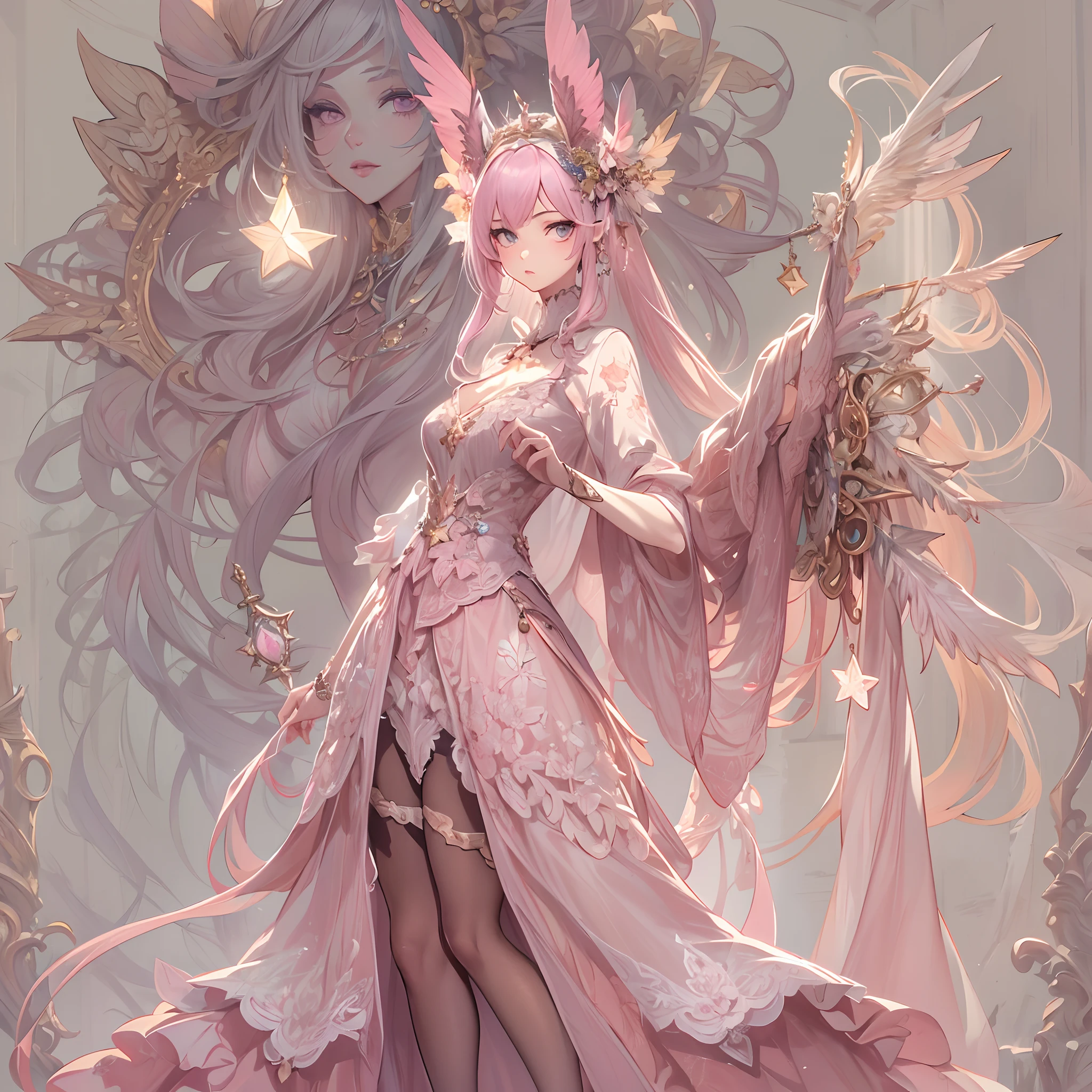 ((Masterpiece, Highest quality)), Detailed face, CharacterDesignSheet, full bodyesbian, Full of details, Multiple poses and expressions, Highly detailed, Depth, beuaty girl,summoning,in pink,estilo fantasia,lacepantyhose,Extremely beautiful,High Balance, Natural light,Star decoration