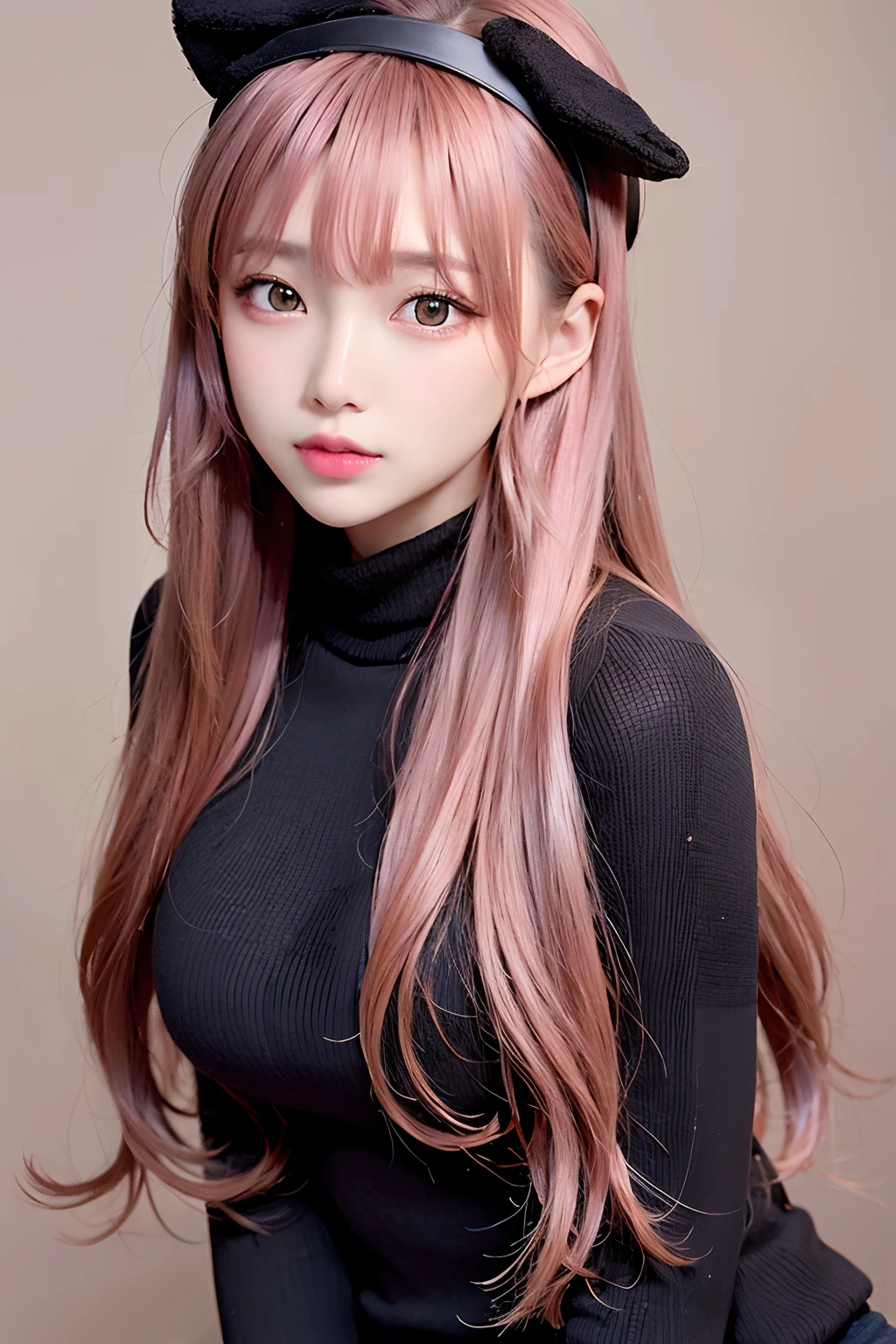 Pink-brown hair Semi-long Black tight high neck sweater Black headband