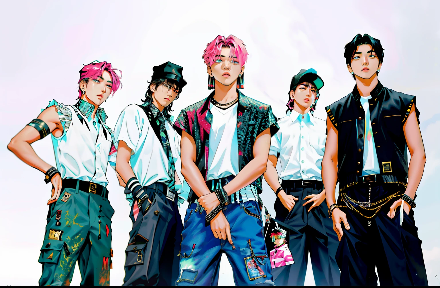 Araped youth group standing side by side, all from the group nct, Regular K-pop boy band, Each one is dressed in the right period clothes,, Bangtan Boys (BTS), k-pop, Gen Z, Portrait of a pink gangster, 2 working days, 2D, k-pop, big bang, U. h. d, Post Grunge,