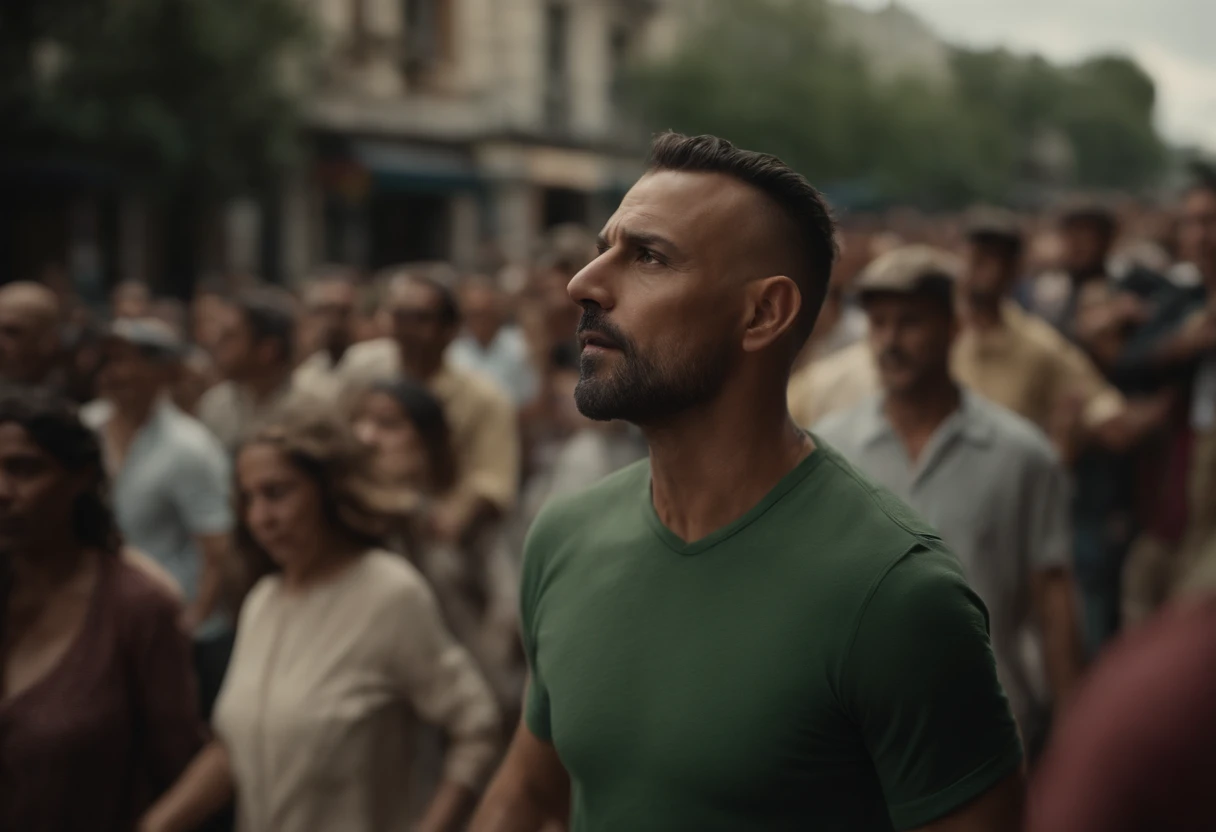 Desenhe uma cena em um local urbano ao ar livre, onde um homem magro e careca, veste uma camisa verde escura, the shirt is short sleeve style, is in the center of the image. The man is bald, O homem magro fica parado, as a crowd of people gathers around him. As pessoas em movimento, creating a blur of activity around the thin man. people very close to each other, Filling the open space in the city. The scene should be represented at an angle that highlights the thin man in the crowd and the urban atmosphere around him. The scene is done in half a scene, The man is facing, The people who are around are out of focus with Blur showing they're moving fast