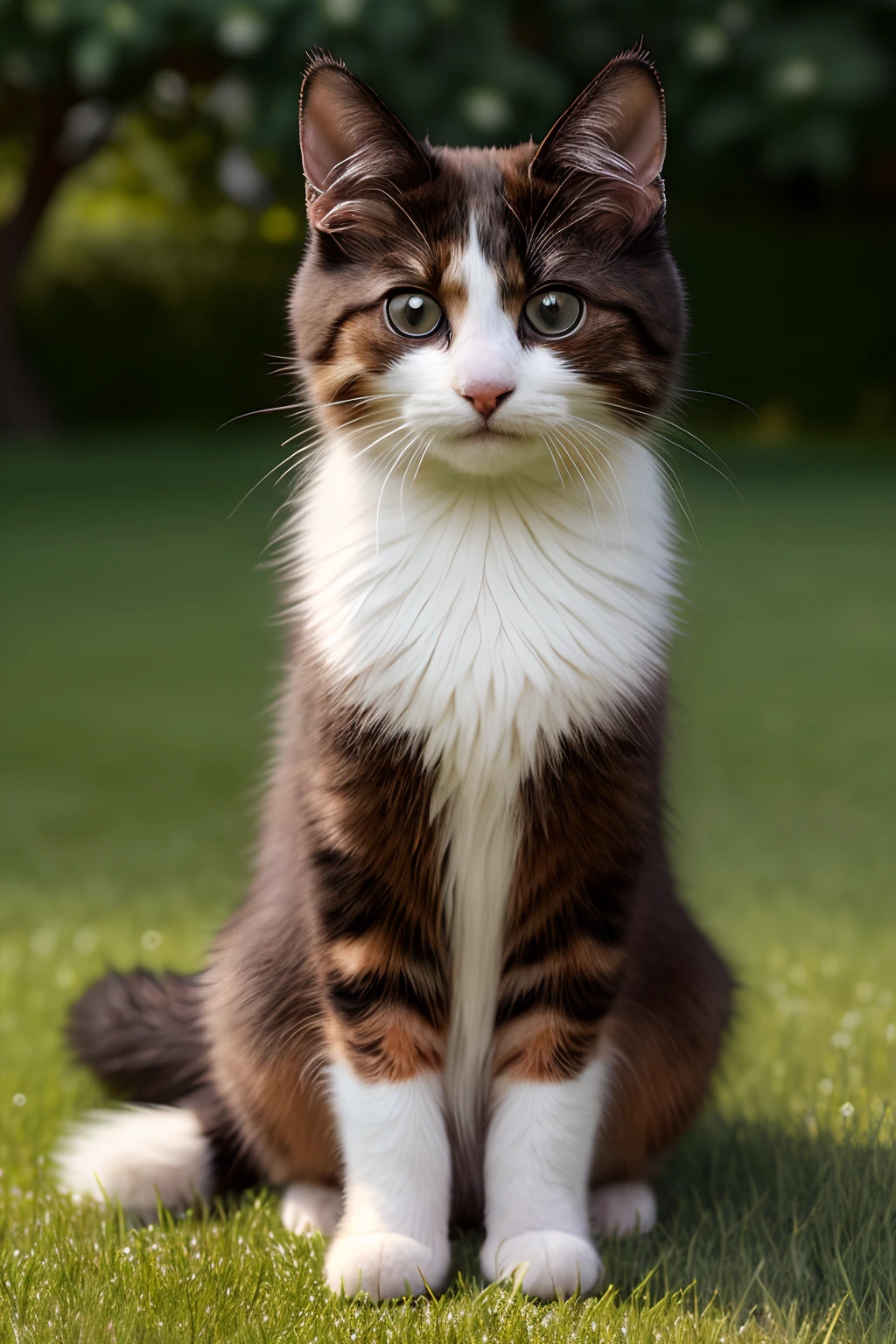 Photography style, 8k, Portrait of a cute Maine cat, sitting on the lawn in the yard, Detailed fur, trending on ArtStation, trending on CGSociety, Intricate, High Detail, Sharp focus, dramatic lighting, digitalpainting, digital arts, by artgerm, by Liang Sin, by WLOP