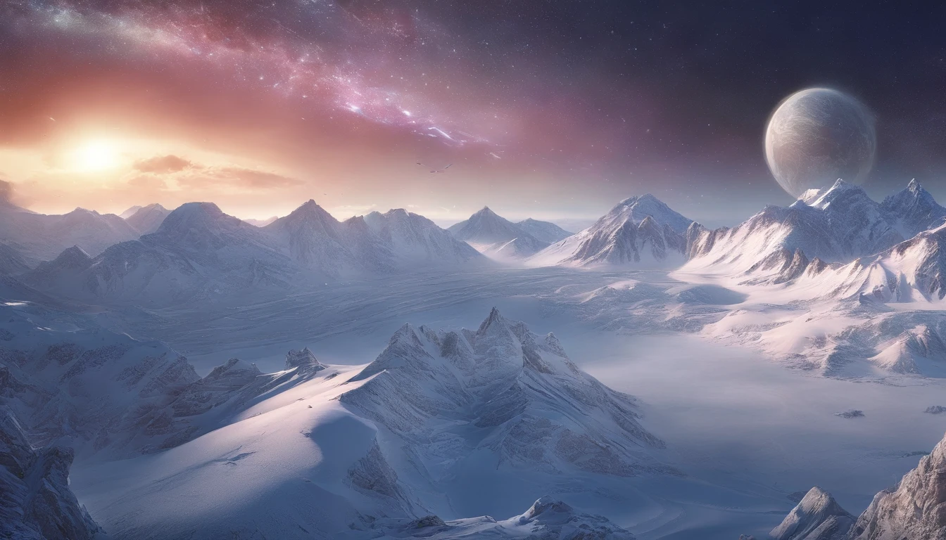 snow mountains,base,Rolling peaks,Oyuki,Cloudy at the foot of the mountain,Thick clouds,the setting sun,The light is depicted in detail,oc rendered,high qulity,tmasterpiece,Hyper-realistic,Ultra photo realsisim,8K,super-fine,ultra - detailed,Ultra-wide angle of view,dynamic viewing angle