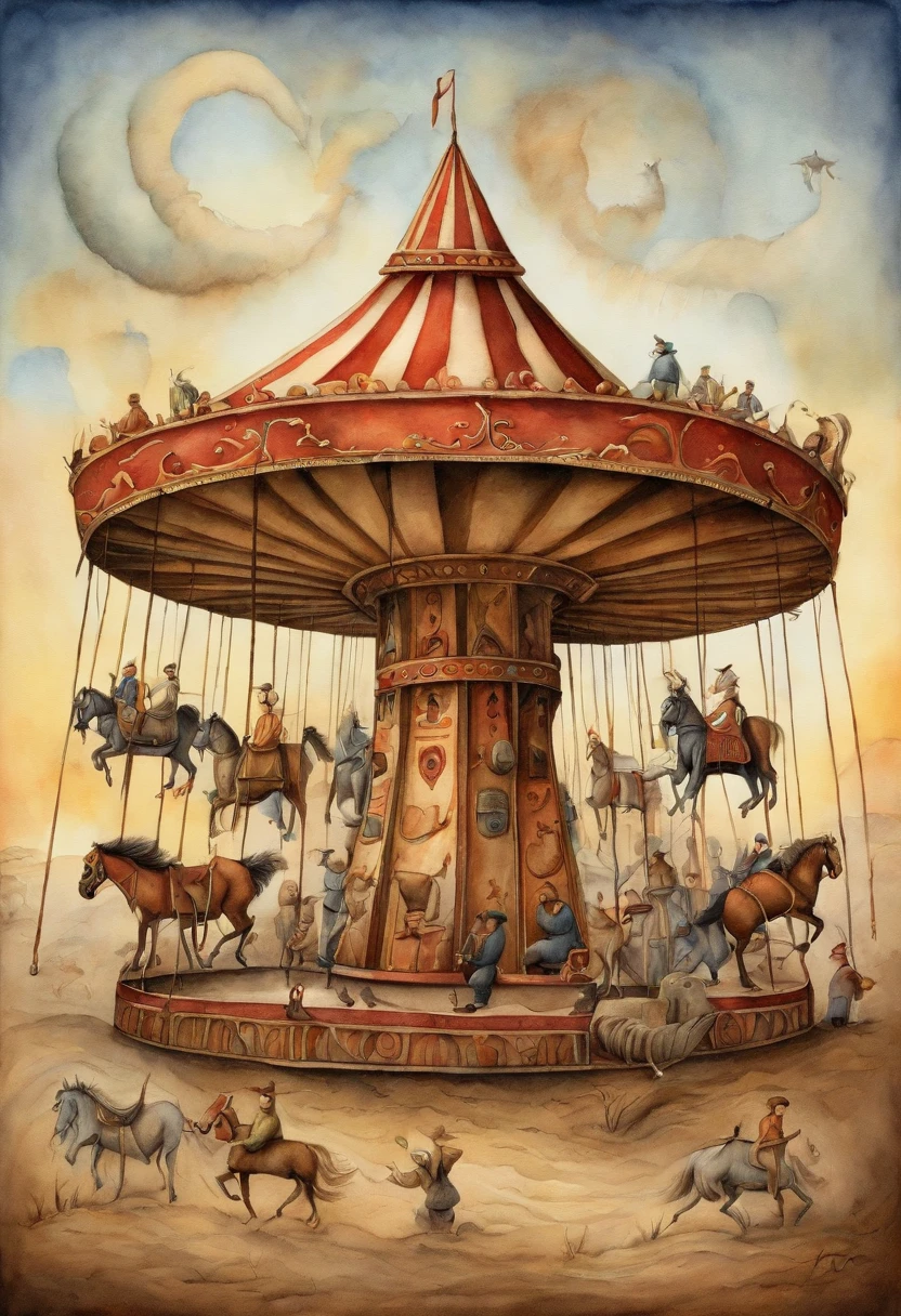 Illustrate a merry-go-round where people futilely chase after climate solutions while the planet burns in the background, highlighting the urgency of addressing environmental issues, In the syle of pawel kuczynski, make sure the burning earth is visible