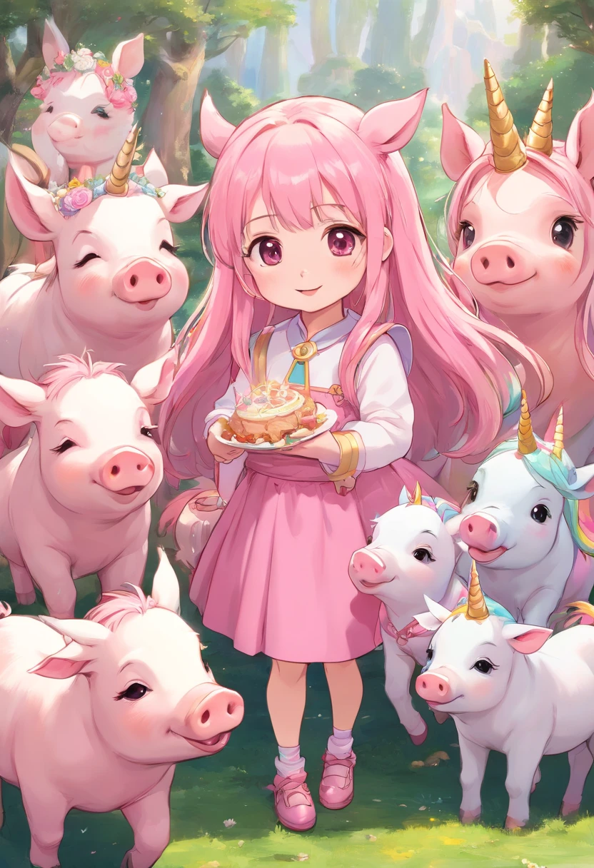 There are a lot of piglets around（in pink）piglets unicorns ( cute little piglets unicorn) piglets with unicorn Horne, cute, unicorns pigs, dressed fashion