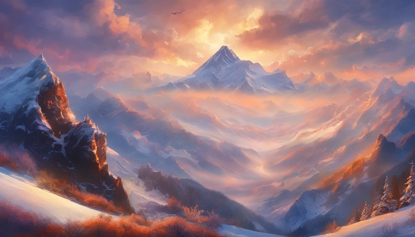 snow mountains,base,Rolling peaks,Oyuki,Cloudy at the foot of the mountain,Thick clouds,the setting sun,The light is depicted in detail,oc rendered,high qulity,tmasterpiece,Hyper-realistic,Ultra photo realsisim,8K,super-fine,ultra - detailed,Ultra-wide angle of view,dynamic viewing angle