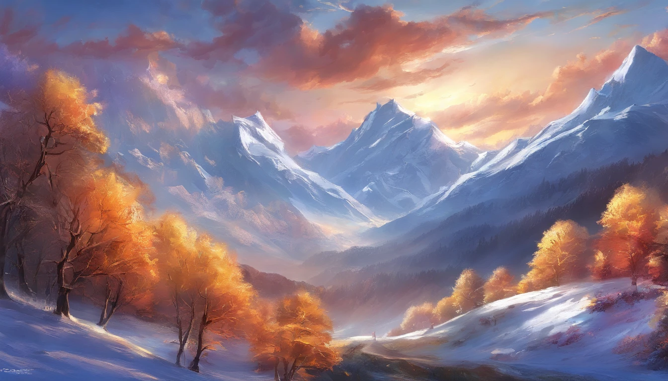 snow mountains,base,Rolling peaks,Oyuki,Cloudy at the foot of the mountain,Thick clouds,the setting sun,The light is depicted in detail,oc rendered,high qulity,tmasterpiece,Hyper-realistic,Ultra photo realsisim,8K,super-fine,ultra - detailed,Ultra-wide angle of view,dynamic viewing angle