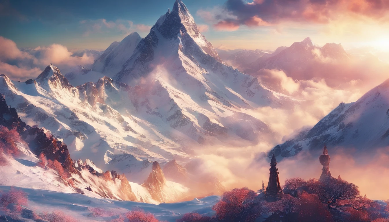 snow mountains，Rolling peaks，Oyuki，Cloudy at the foot of the mountain，Thick clouds，the setting sun，The light is depicted in detail，oc rendered，high qulity，tmasterpiece，Hyper-realistic，Ultra photo realsisim，8K，super-fine，ultra - detailed，Ultra-wide angle of view，dynamic viewing angle