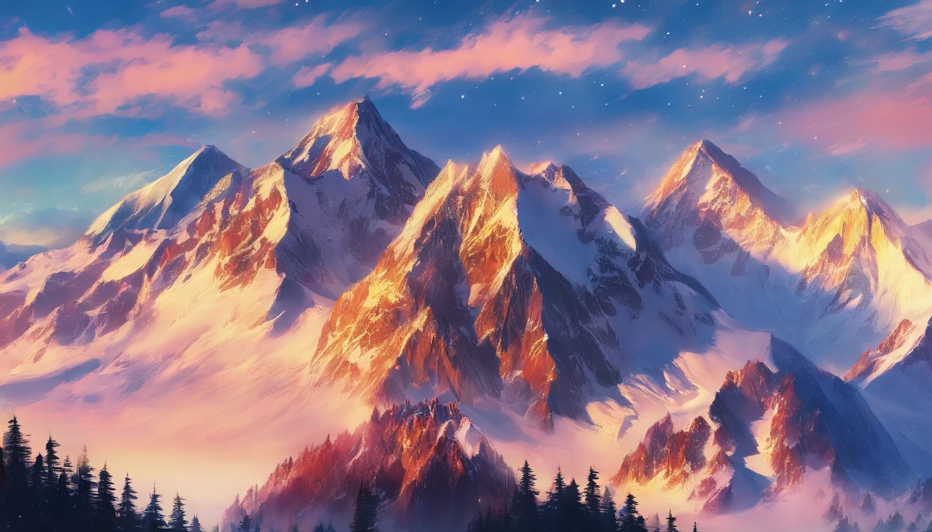 snow mountains,Rolling peaks,Oyuki,Cloudy at the foot of the mountain,Thick clouds,the setting sun,The light is depicted in detail,oc rendered,high qulity,tmasterpiece,Hyper-realistic,Ultra photo realsisim,8K,super-fine,ultra - detailed,Ultra-wide angle of view,dynamic viewing angle
