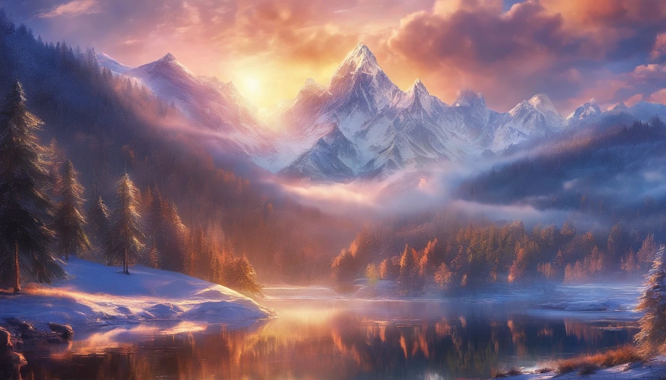 snow mountains，Rolling peaks，Oyuki，Cloudy at the foot of the mountain，Thick clouds，the setting sun，The light is depicted in detail，oc rendered，high qulity，tmasterpiece，Hyper-realistic，Ultra photo realsisim，8K，super-fine，ultra - detailed，Ultra-wide angle of view，dynamic viewing angle