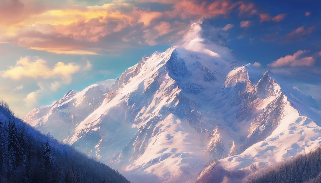 snow mountains，Rolling peaks，Oyuki，Cloudy at the foot of the mountain，Thick clouds，the setting sun，The light is depicted in detail，oc rendered，high qulity，tmasterpiece，Hyper-realistic，Ultra photo realsisim，8K，super-fine，ultra - detailed，Ultra-wide angle of view，dynamic viewing angle