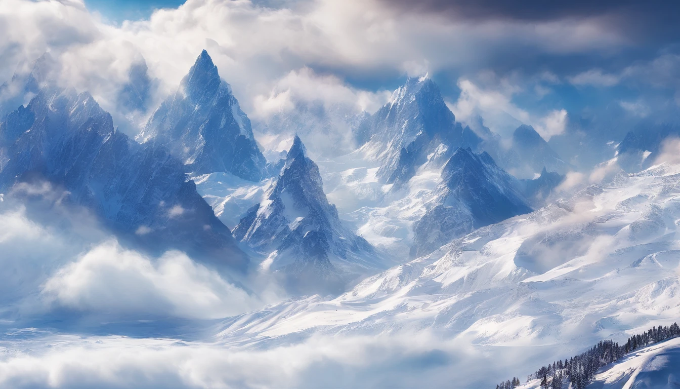 snow mountains,Rolling peaks,Oyuki,Cloudy at the foot of the mountain,Thick clouds,the setting sun,The light is depicted in detail,oc rendered,high qulity,tmasterpiece,Hyper-realistic,Ultra photo realsisim,8K,super-fine,ultra - detailed,Ultra-wide angle of view,dynamic viewing angle