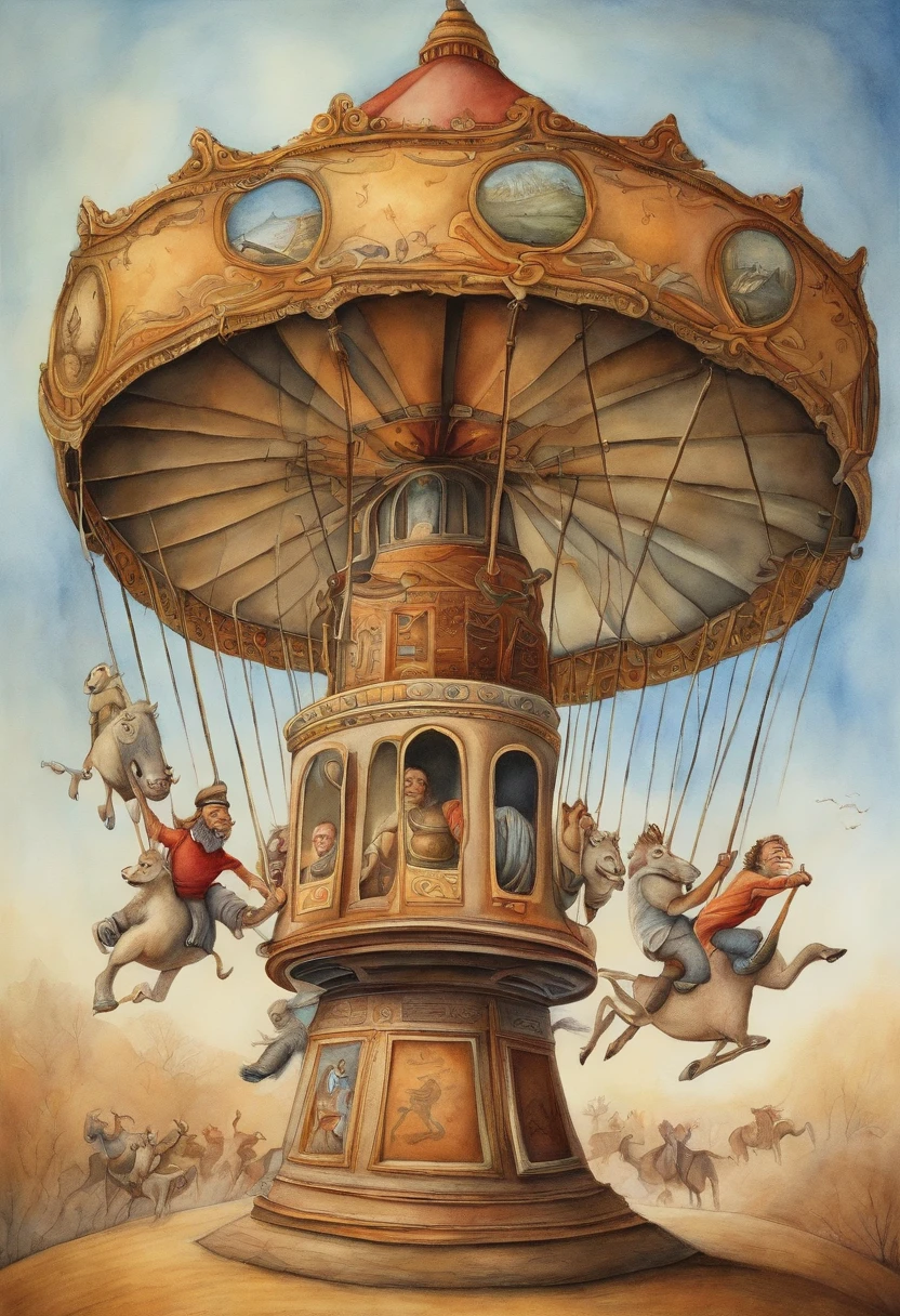 Illustrate a merry-go-round where people futilely chase after climate solutions while the planet burns in the background, highlighting the urgency of addressing environmental issues, In the syle of pawel kuczynski, make sure the burning earth is visible in the background