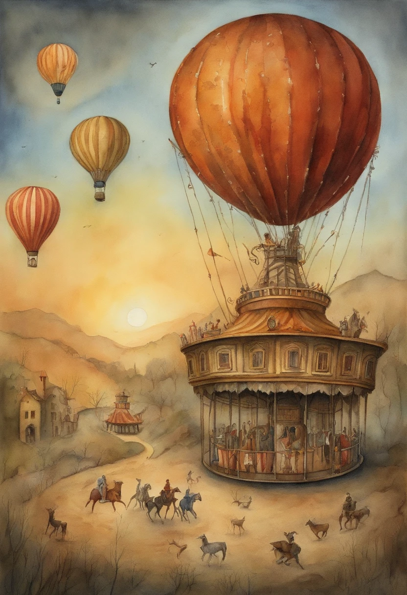 Illustrate a merry-go-round where people futilely chase after climate solutions while the planet burns in the background, highlighting the urgency of addressing environmental issues, In the syle of pawel kuczynski, make sure the burning earth is visible in the background