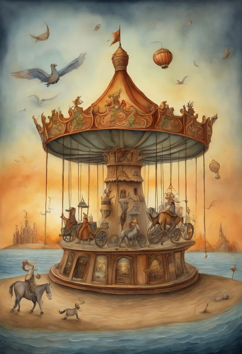 Illustrate a merry-go-round where people futilely chase after climate solutions while the planet burns in the background, highlighting the urgency of addressing environmental issues, In the syle of pawel kuczynski, make sure the burning earth is visible in the background