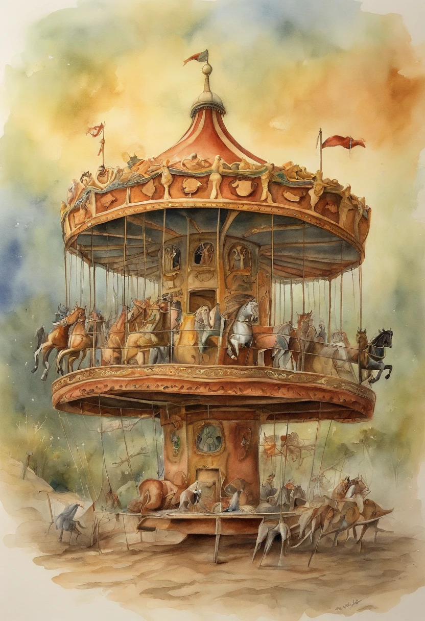 Illustrate a merry-go-round where people futilely chase after climate solutions while the planet burns in the background, highlighting the urgency of addressing environmental issues, In the syle of pawel kuczynski, make sure the burning earth is visible in the background
