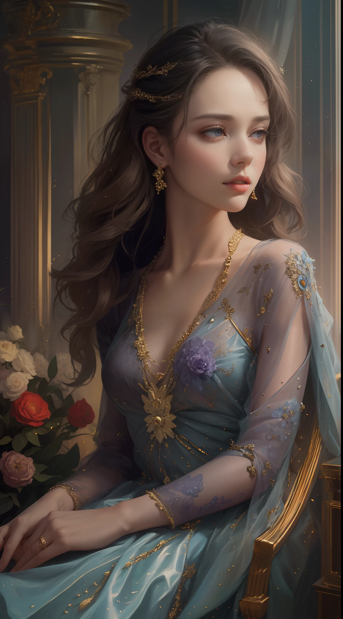 (Best quality,8K,A high resolution,Masterpiece:1.2),Ultra-detailed,(Realistic,Photorealistic,photo-realistic:1.37),Portrait,Creative style artwork,Historical,classical,Sophisticated,plethora of colors,Highly detailed,Soft lighting,luxurious environment,detailed gown,Vibrant flowers,detailed jewellery,Ethereal atmosphere,Elegant Pose,Graceful curves,Gold body proportions，Flowing hair,Breathtaking textile patterns,Harsh purple eyes,Delicate floral decoration,A dazzling array of crystal accessories,Mysterious and dreamy atmosphere,Impeccable attention to detail.