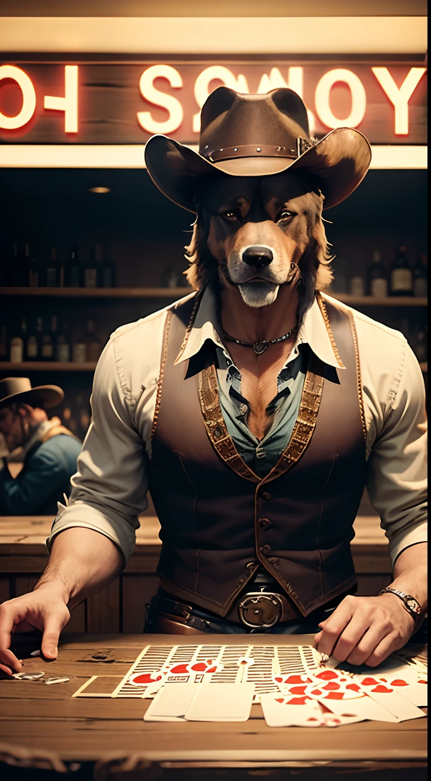 Generate a 9:16 image that humorously depicts dogs dressed as cowboys playing poker in a saloon, with vintage colors and a nod to Hollywood's Wild West portrayal.