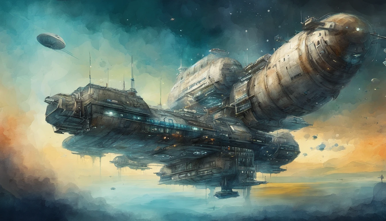 best quality, works, (realistic: 1,2), 1 space station, sci-fi look, dark cyan tone