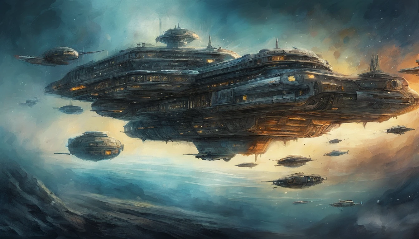 best quality, works, (realistic: 1,2), 1 space station, sci-fi look, dark cyan tone