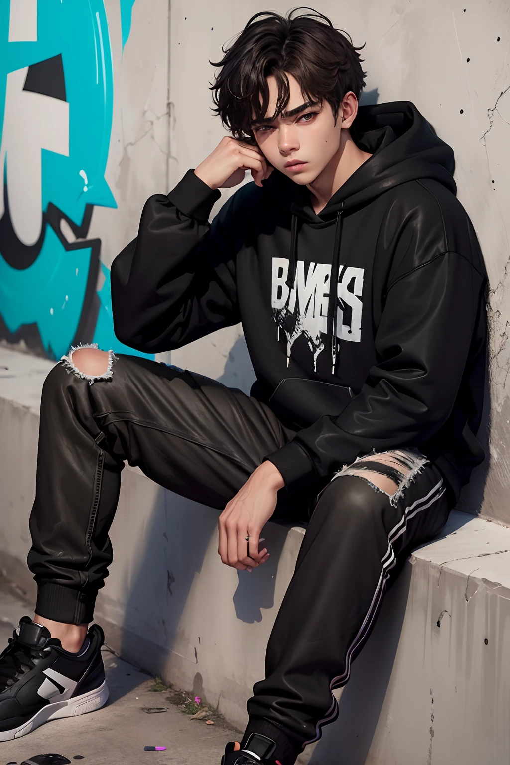 brown straight messy hair, 18 year old boy, slime but muscular body type, black eyes, unbothered look, sitting near a wall full grafitti and spray paints, black pant and a black hoodie, pale face, kim taehyung