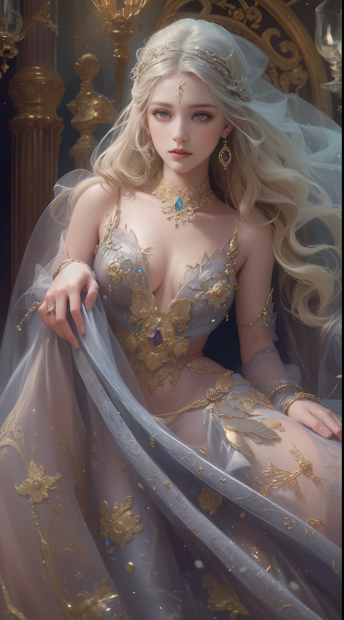 (Best quality,8K,A high resolution,Masterpiece:1.2),Ultra-detailed,(Realistic,Photorealistic,photo-realistic:1.37),Portrait,Creative style artwork,Historical,classical,Sophisticated,plethora of colors,Highly detailed,Soft lighting,luxurious environment,detailed gown,Vibrant flowers,detailed jewellery,Ethereal atmosphere,Elegant Pose,Graceful curves,Gold body proportions，Flowing hair,Breathtaking textile patterns,Harsh purple eyes,Delicate floral decoration,A dazzling array of crystal accessories,Mysterious and dreamy atmosphere,Impeccable attention to detail.