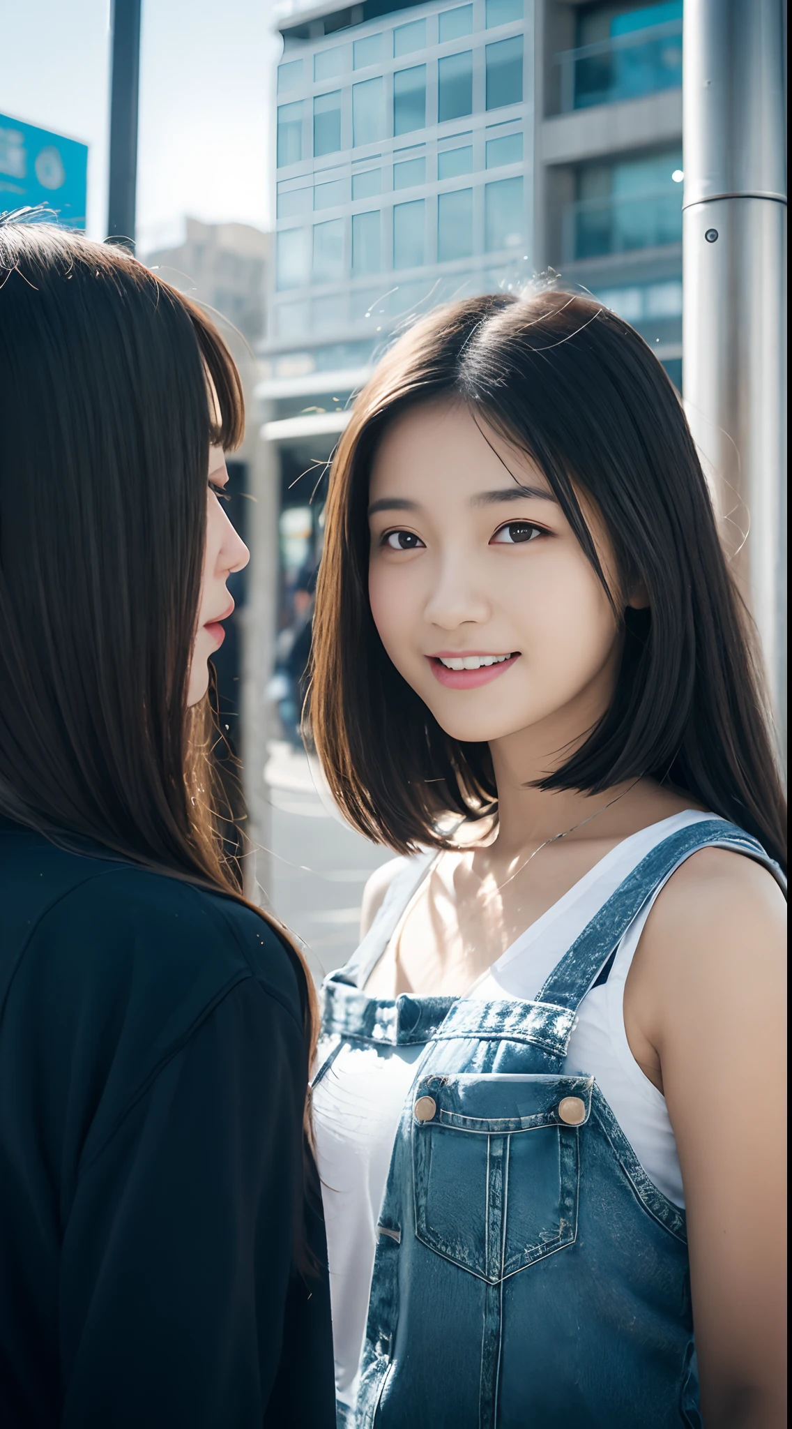 Two girls: A walks in front of a zebra crossing at a traffic light on a Hong Kong street,Extreme light and shadow,Aurora chase,Extremely strong reflected light,Extreme shadows,blue-sky,The sun shines on the face,enjoying life,Healing pictures,(Smile 0.8)(Upper body close-up 1.2)(Great view 1.2)(Clean background 1.2)(Delicate facial features1.3)(Perfect body 1.1)(Flat chest 1.1)(Global illumination 1.2)(Surreal scenario 1.3)(Wear denim suspenders 1.2),rendering by octane,CGSociety trends,(Ultra-delicate eye structure 1.3)(There is reflected light in the eye1.3)(Bust close-up 1.3)(Young and enec1.3)(Playful 1.3)(Long hairstyle with thick hair1.2)