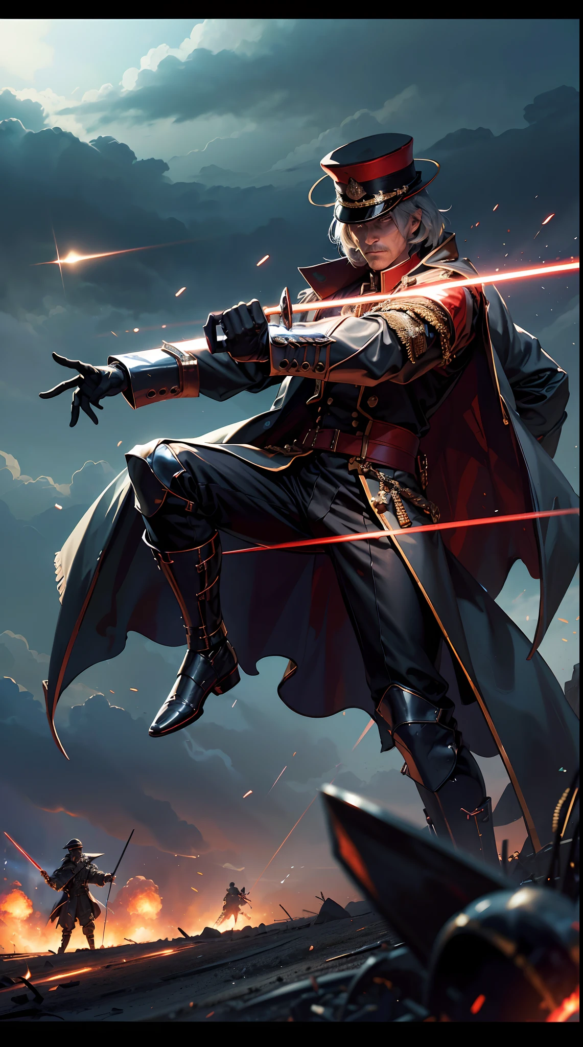 Father general holding swords,  general suits,  general hats, Jumping slash pose. tanks and soldiers in the background,red blood element,hd light and dark, balance rendering, HD lighting and dark )<=(epic image quality)dark atmosphere with bright particle light(many effects in background)