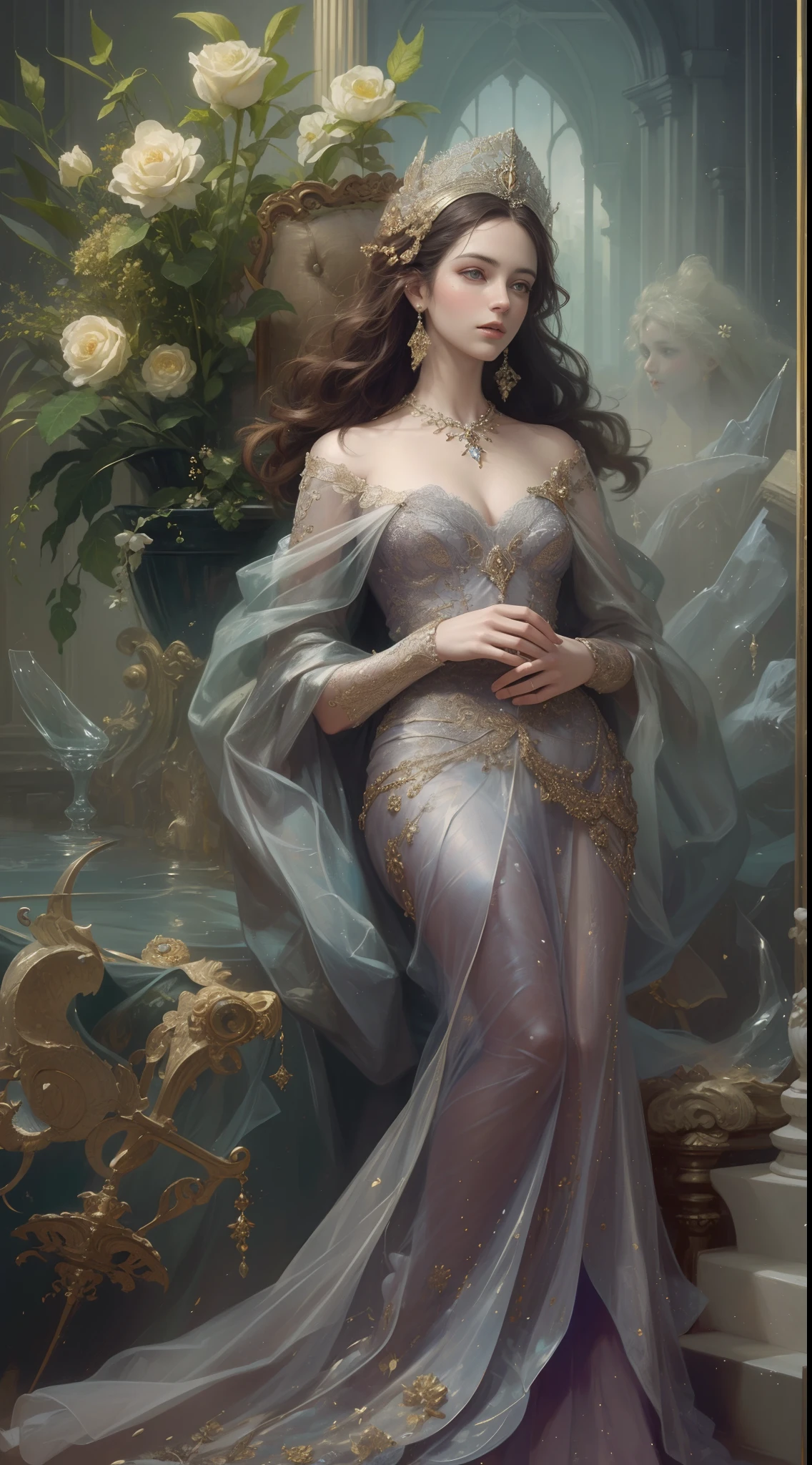 (Best quality,8K,A high resolution,Masterpiece:1.2),Ultra-detailed,(Realistic,Photorealistic,photo-realistic:1.37),Portrait,Creative style artwork,Historical,classical,Sophisticated,plethora of colors,Highly detailed,Soft lighting,luxurious environment,detailed gown,Vibrant flowers,detailed jewellery,Ethereal atmosphere,Elegant Pose,Graceful curves,Gold body proportions，Flowing hair,Breathtaking textile patterns,Harsh purple eyes,Delicate floral decoration,A dazzling array of crystal accessories,Mysterious and dreamy atmosphere,Impeccable attention to detail.